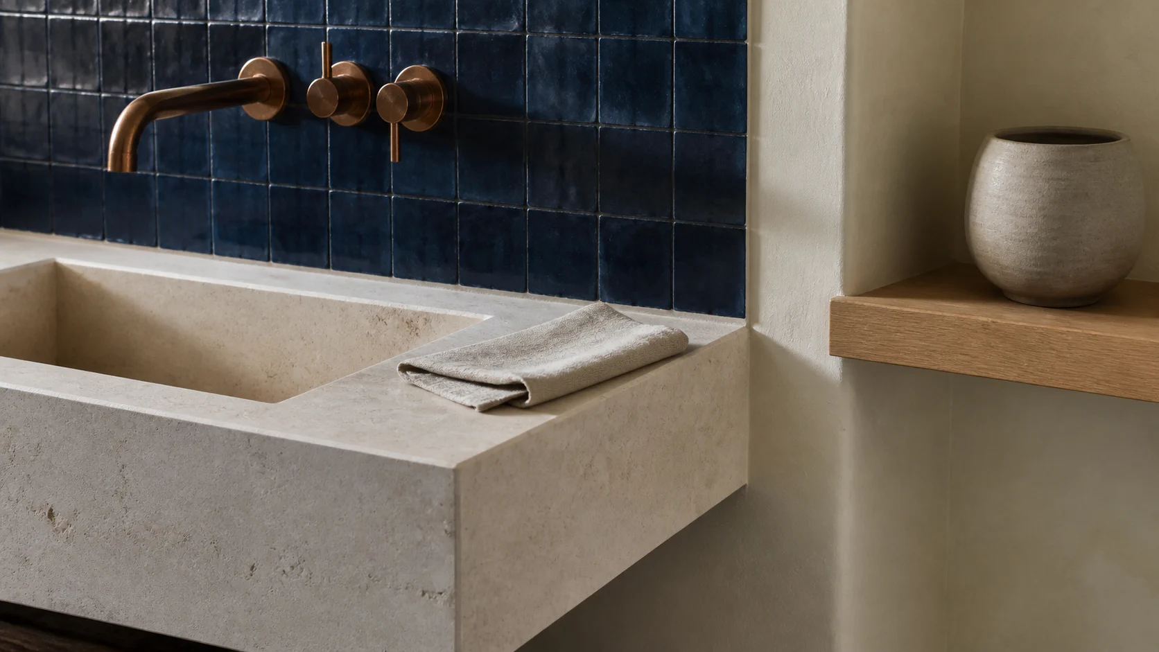 Finished bathroom detail with a carved stone basin, copper-toned faucet, navy tile, oak shelf, and cream plaster