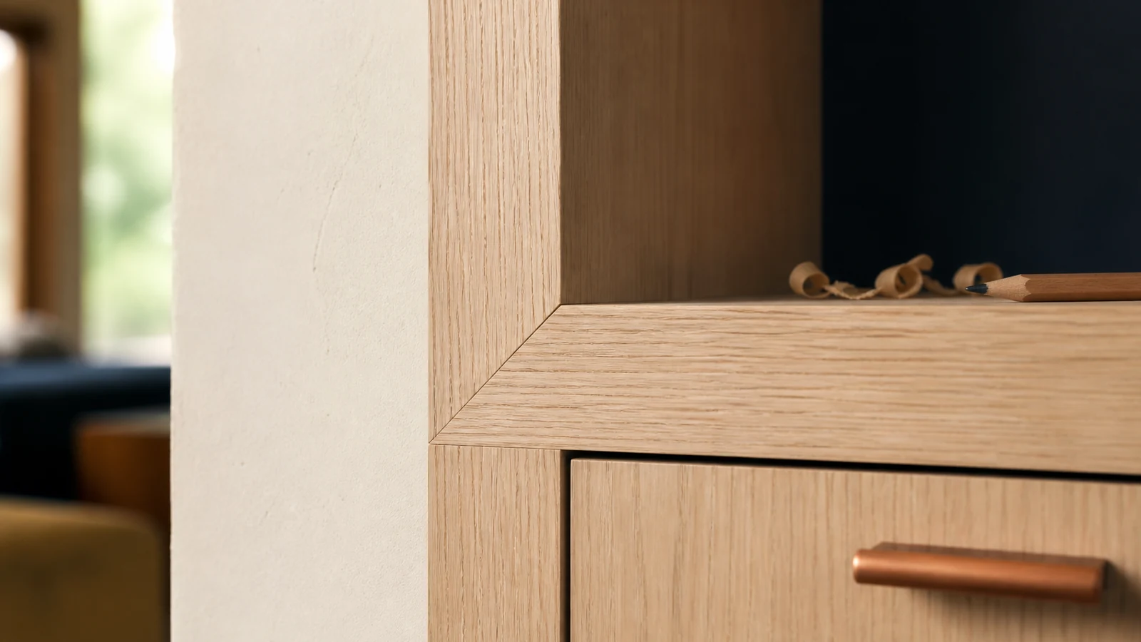 Precise white-oak cabinet joinery with a restrained copper-toned pull