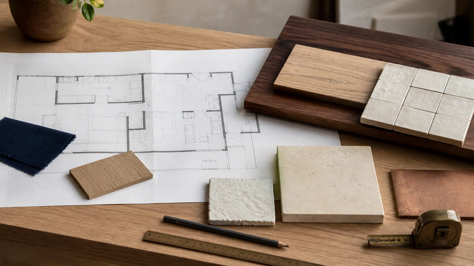 Residential floor plans and finish samples arranged for a coordinated design review