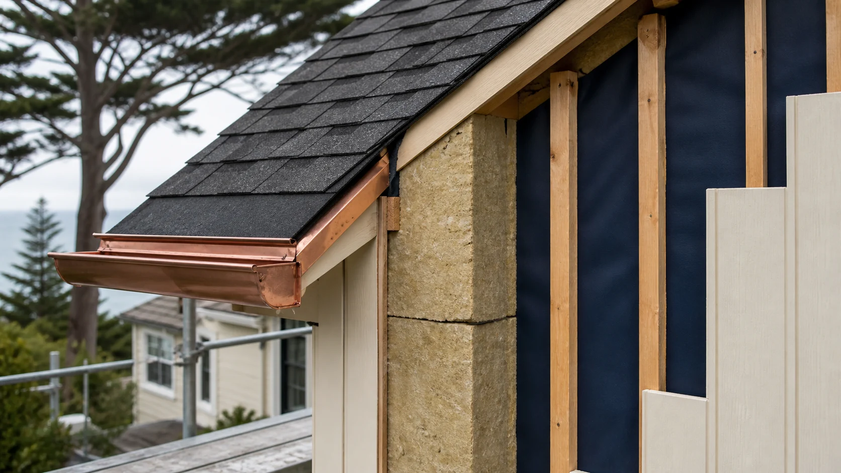 Clean residential envelope assembly with layered insulation and air-control details