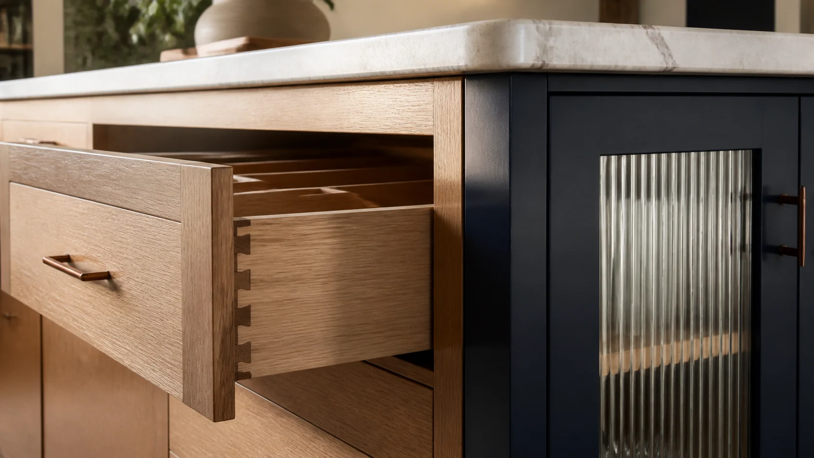 Custom kitchen millwork and stone detail in warm natural light