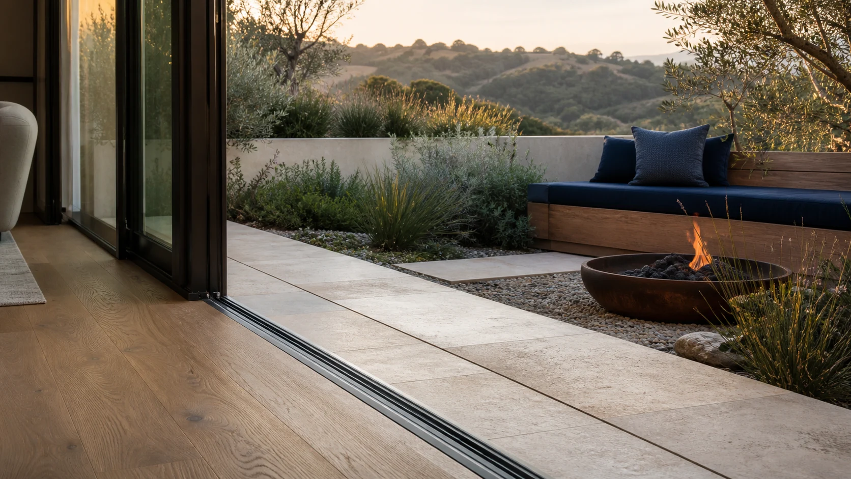 Layered Bay Area hardscape and drought-tolerant planting detail