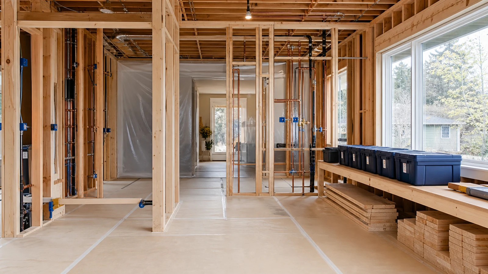 An organized residential installation workspace with carefully arranged tools and materials