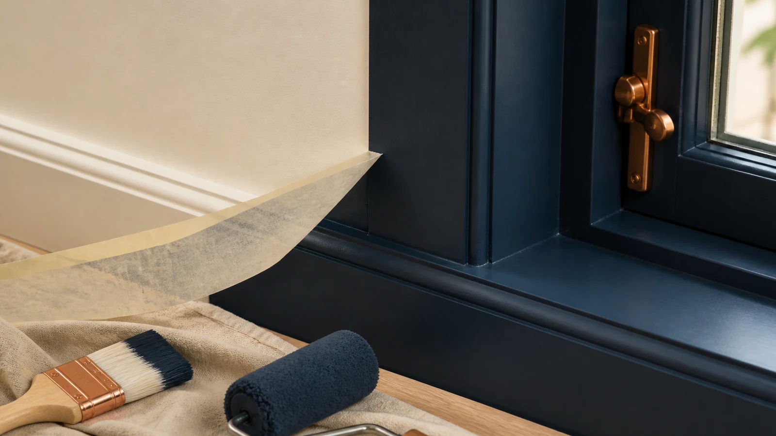 Meticulously masked residential trim with a crisp cream and deep-navy painted transition