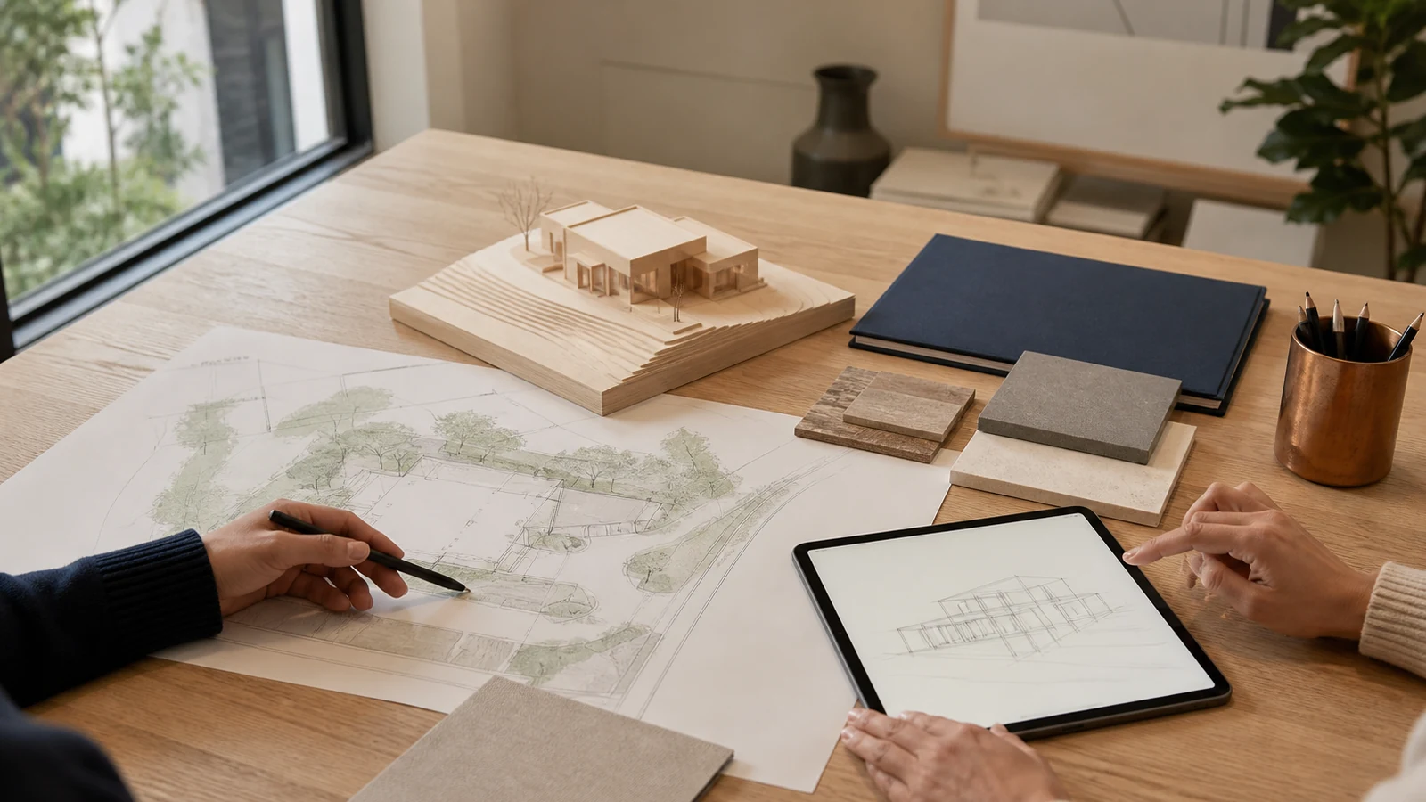 Residential plans, site information, and material samples arranged for a design review