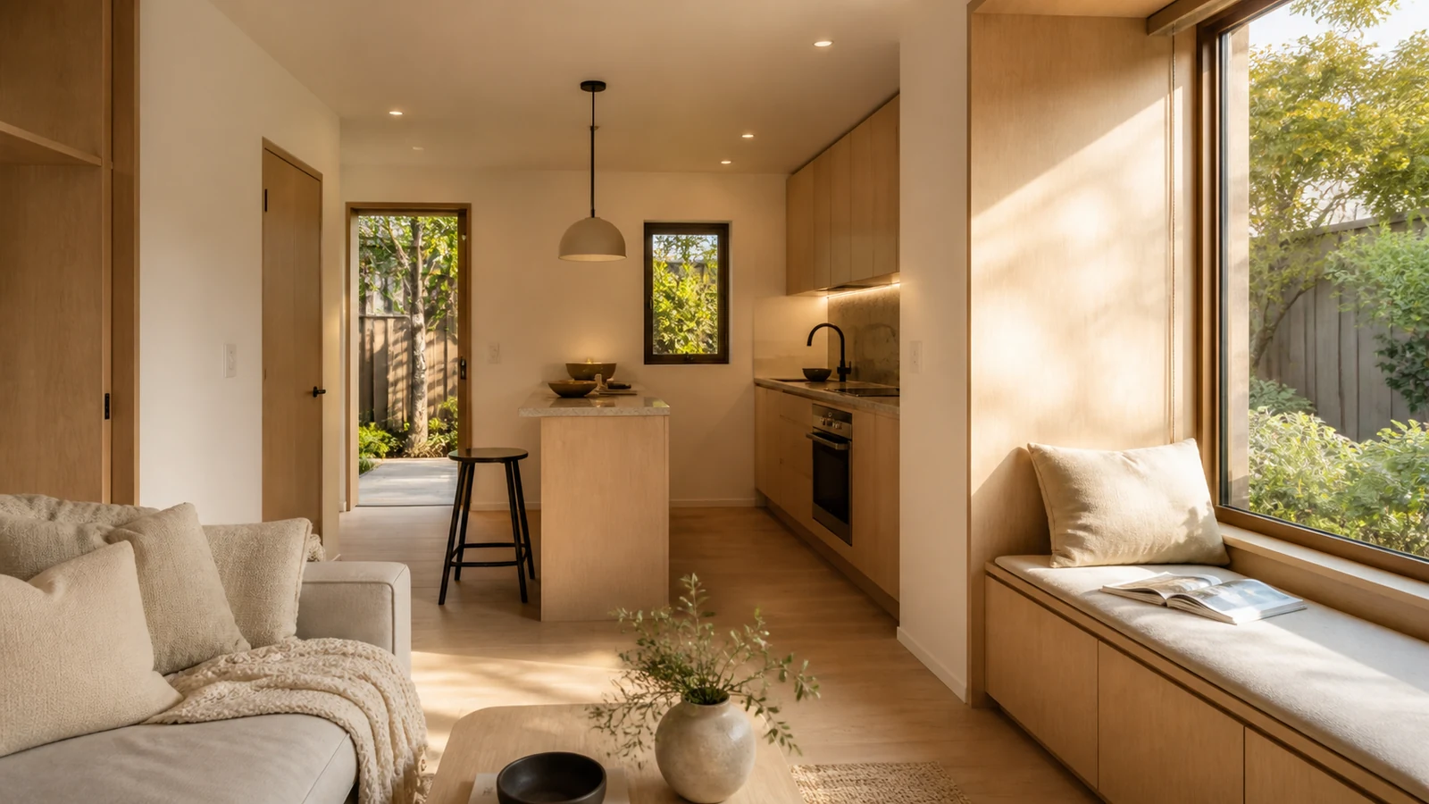 Compact ADU interior with pale oak galley kitchen, built-in window bench, and garden view