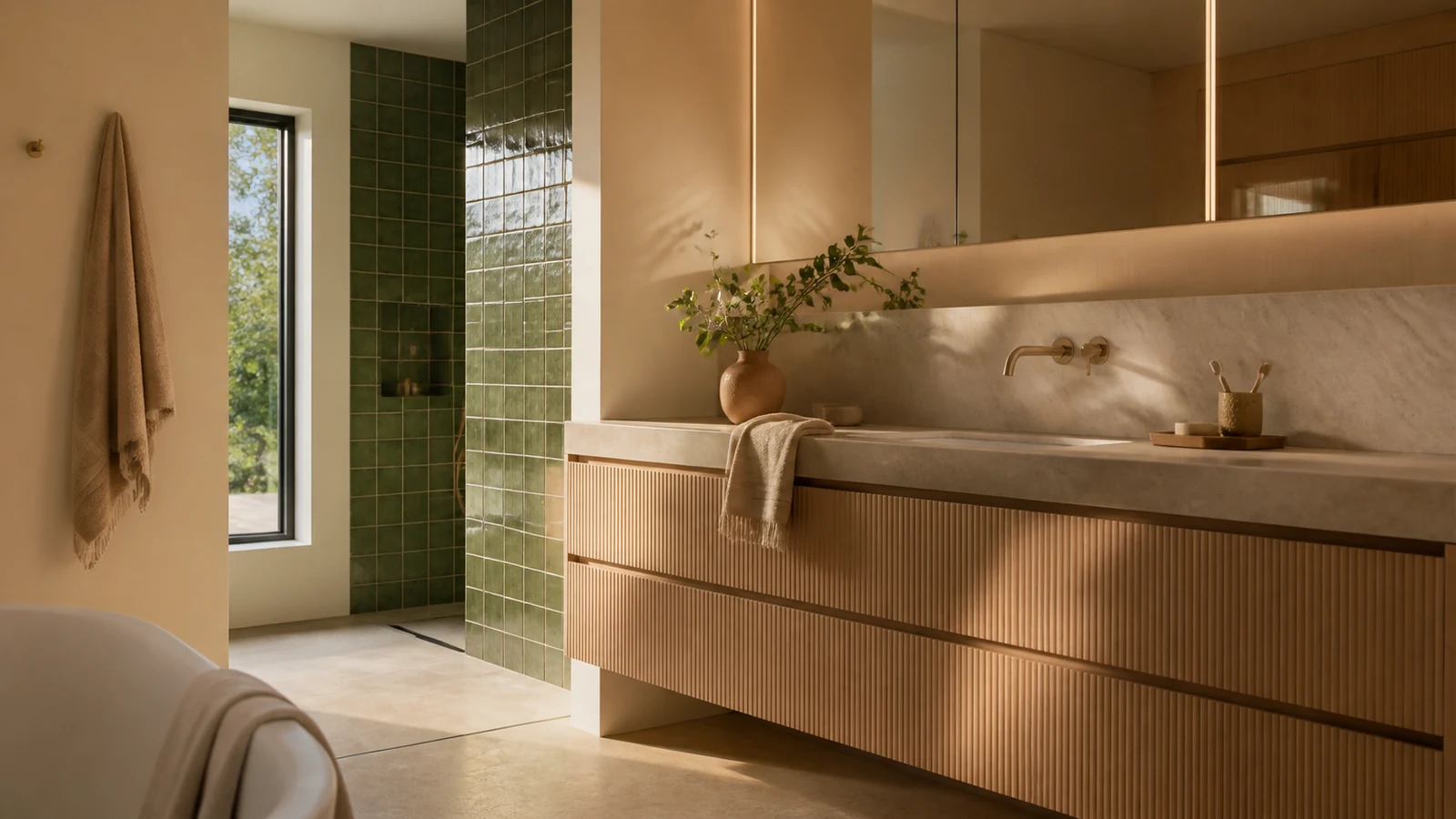 Warm oak vanity, limestone backsplash, illuminated mirror, and moss-green wet-room tile in a refined bathroom