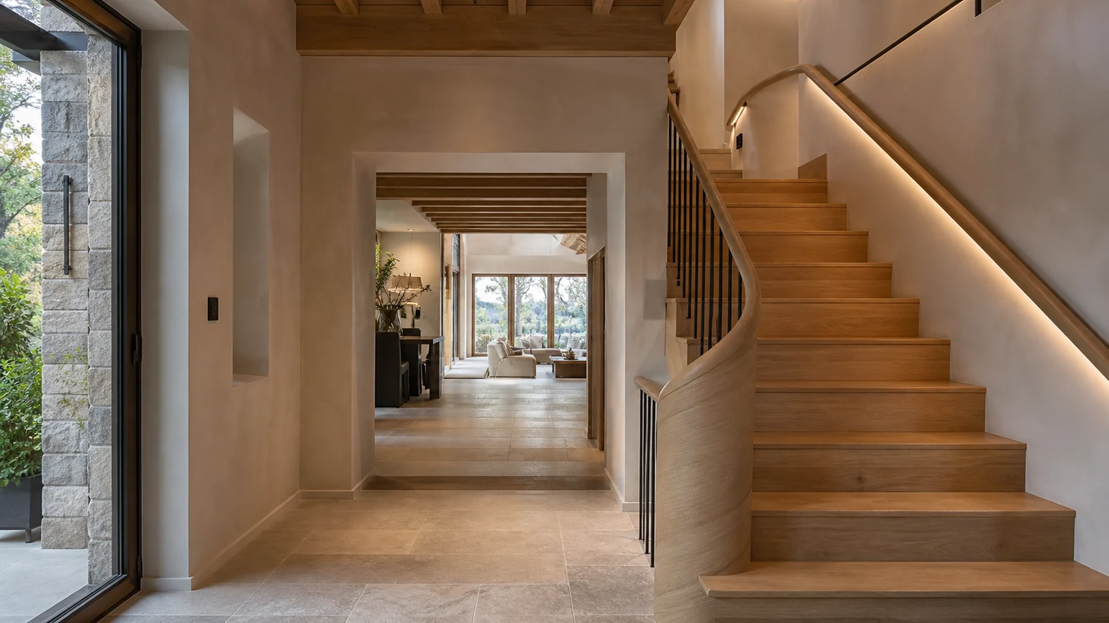 Sculptural oak stair and long framed view connecting several spaces in a whole-home remodel