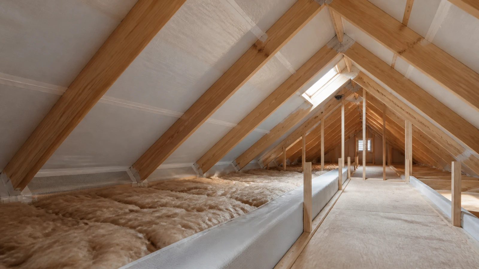 Clean finished attic retrofit with continuous membrane, sealed junctions, protected walkway, and timber framing