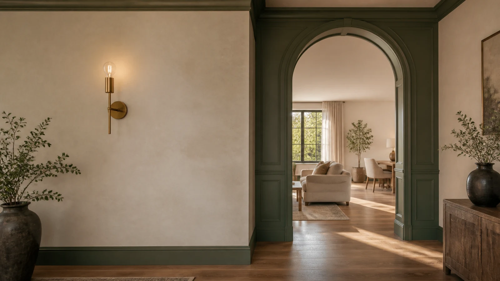 Warm ivory limewash wall meeting deep cypress-green paneled trim at a sunlit arched doorway