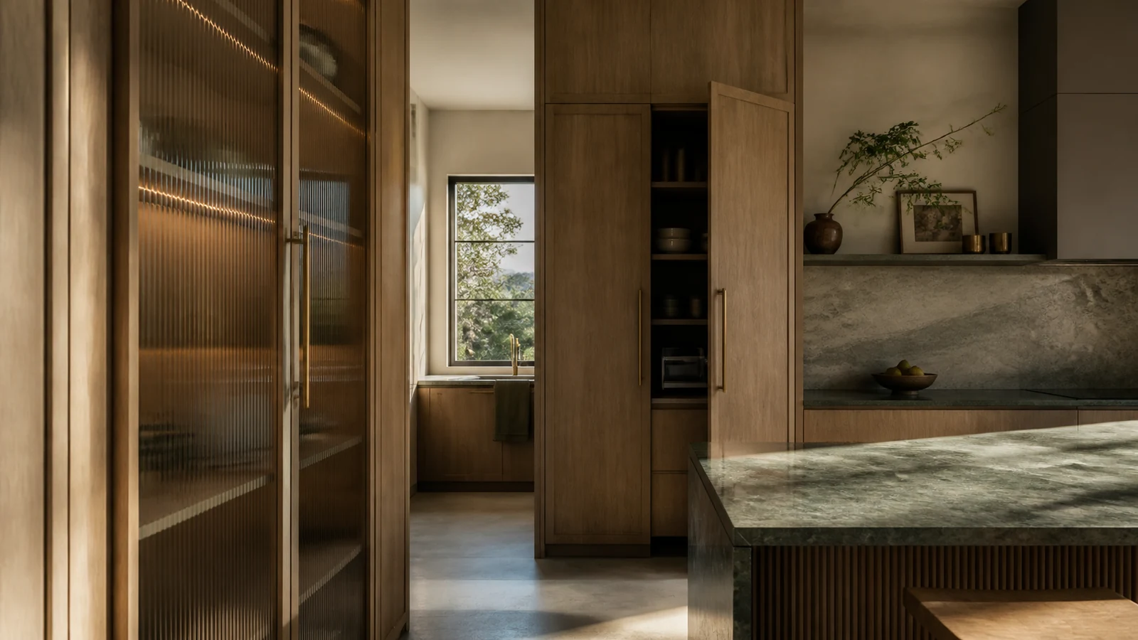 Rift-sawn oak kitchen pantry, fluted glass, integrated lighting, and stone island detail