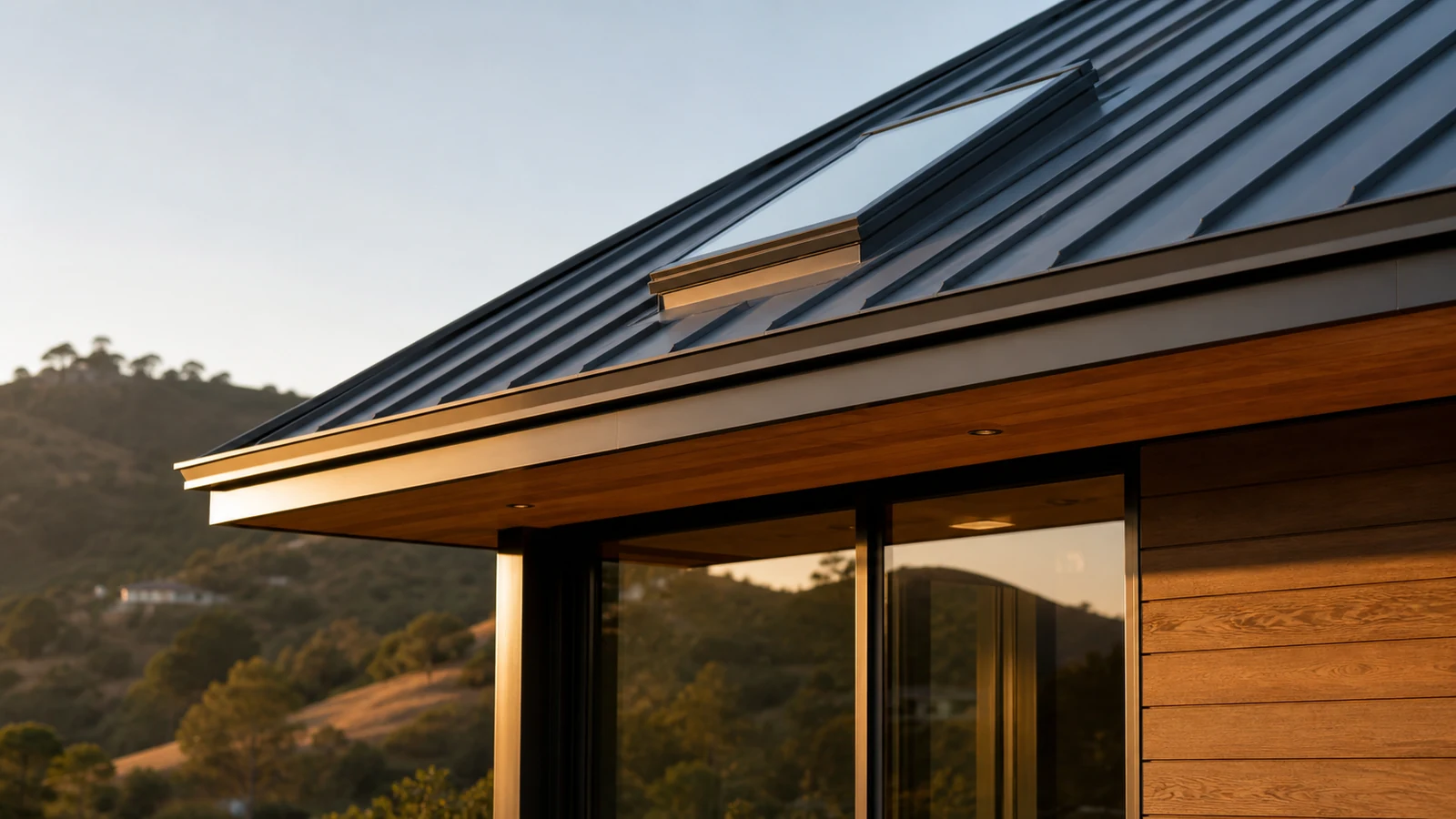 Standing-seam roof meeting a warm wood soffit, skylight flashing, and concealed gutter on a Bay Area home