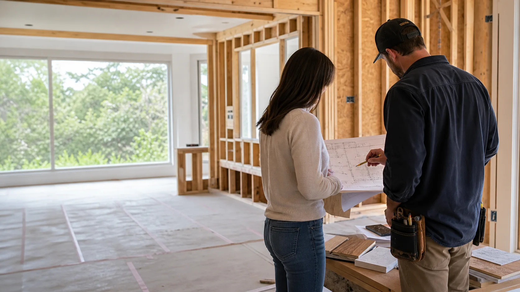 A builder and design professional reviewing plans in an organized home renovation