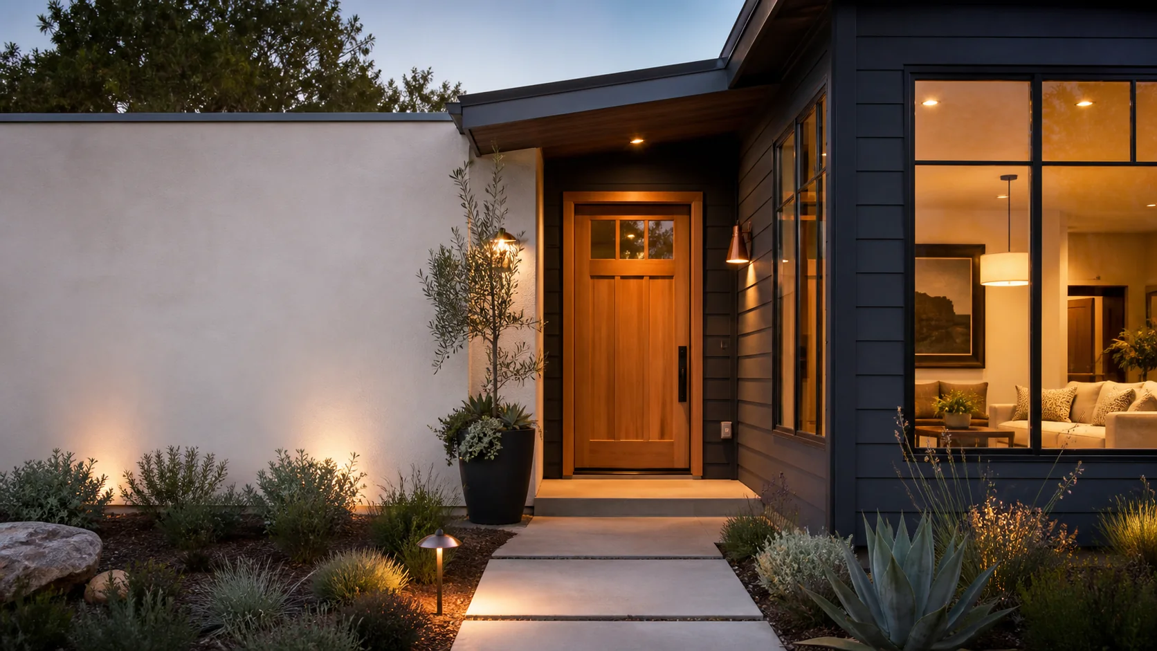 Welcoming remodeled Bay Area home entrance at dusk