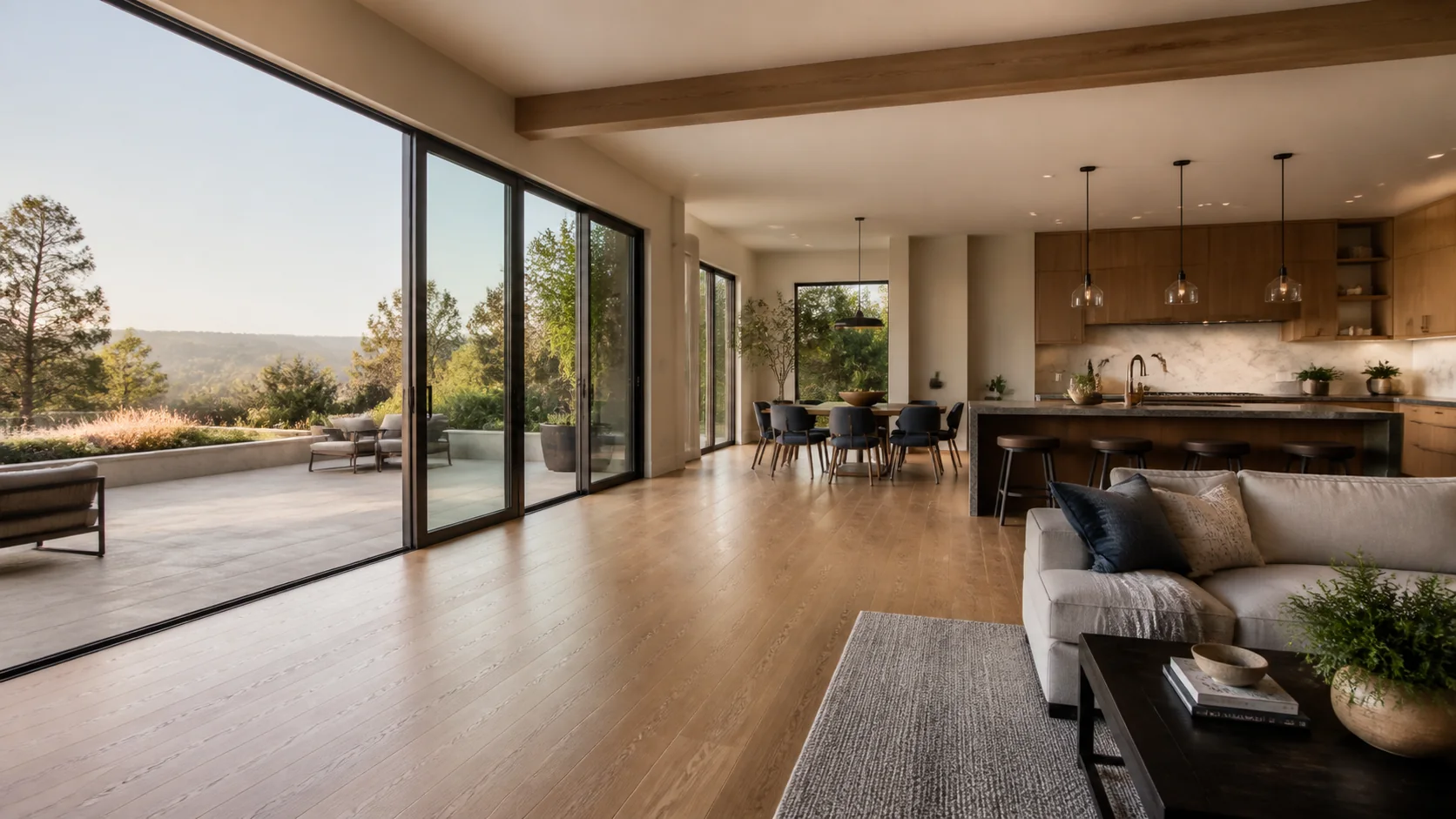 Open living space with warm wood floors and doors to a landscaped terrace