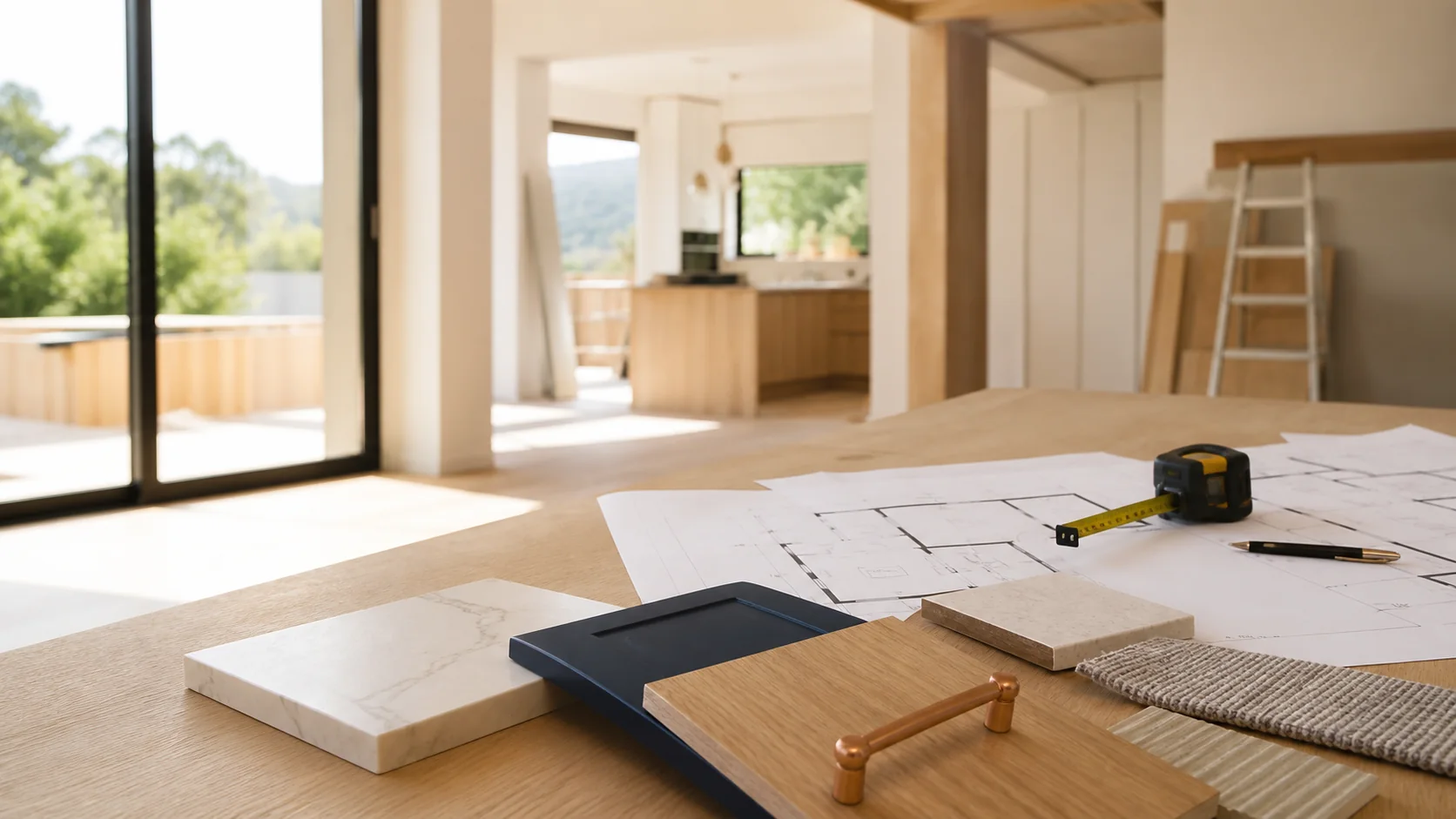 Plans and coordinated finish samples for a modern residential remodel